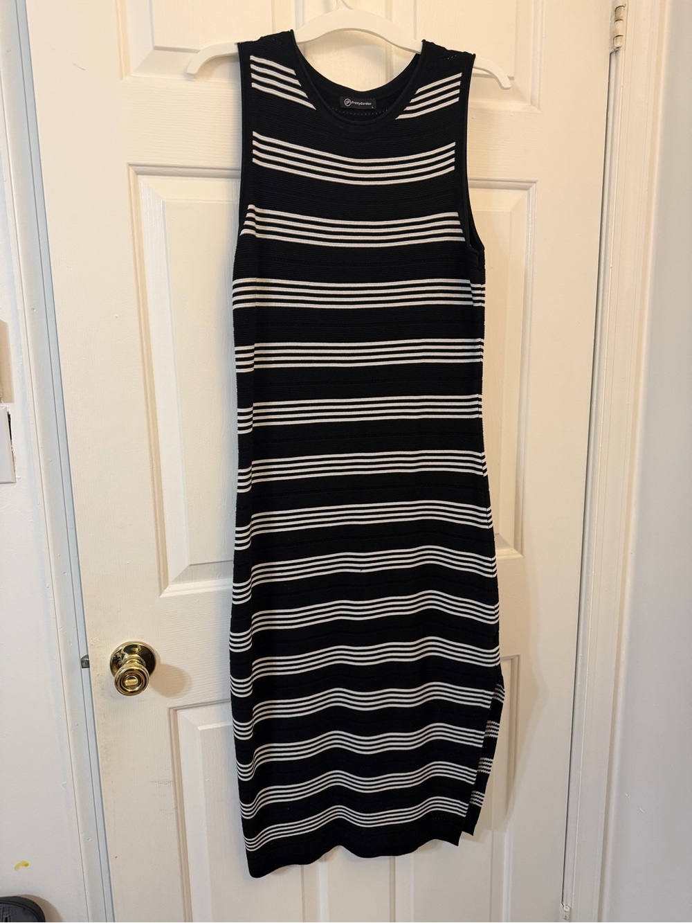 Sleeveless Black & White Striped Knit Midi Dress